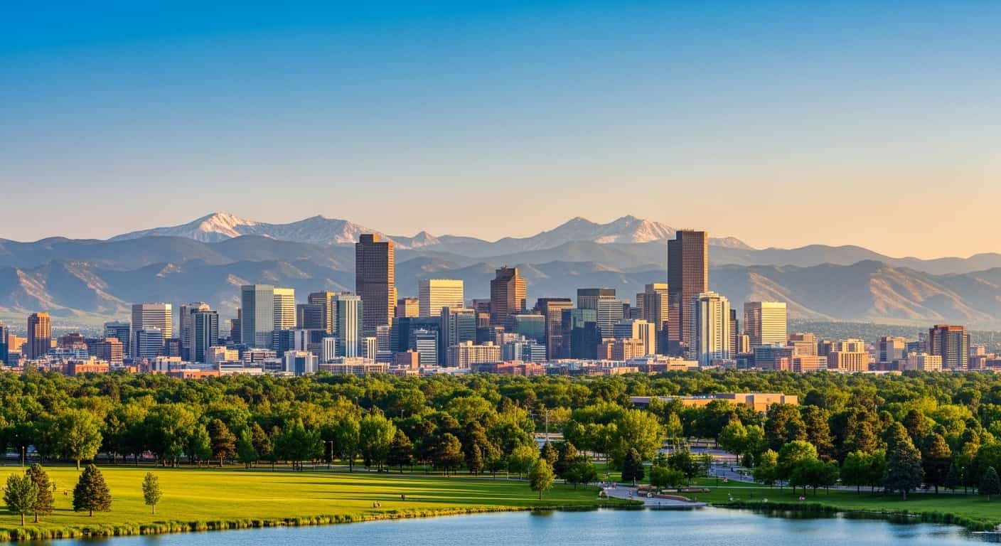 Skyline von Denver mit den Rocky Mountains im Hintergrund