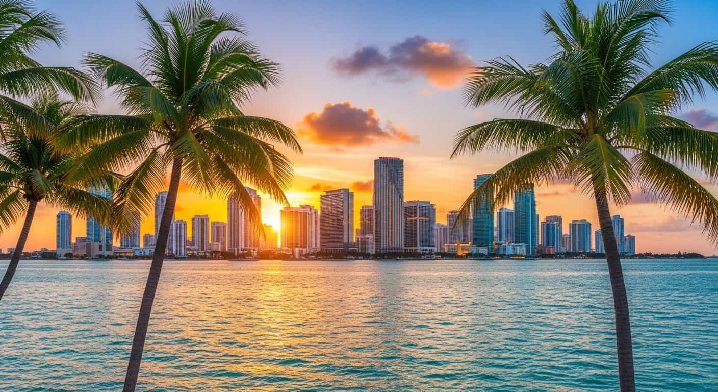Skyline von Miami im Abendlicht mit Palmen am Wasser